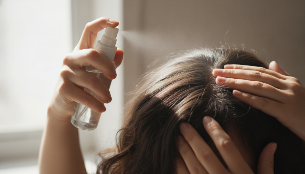A person s hand spraying the homemade hair growth spray onto their scalp and hair demonstrating the application with a b