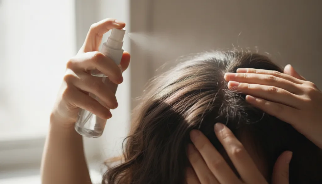 A person s hand spraying the homemade hair growth spray onto their scalp and hair demonstrating the application with a b
