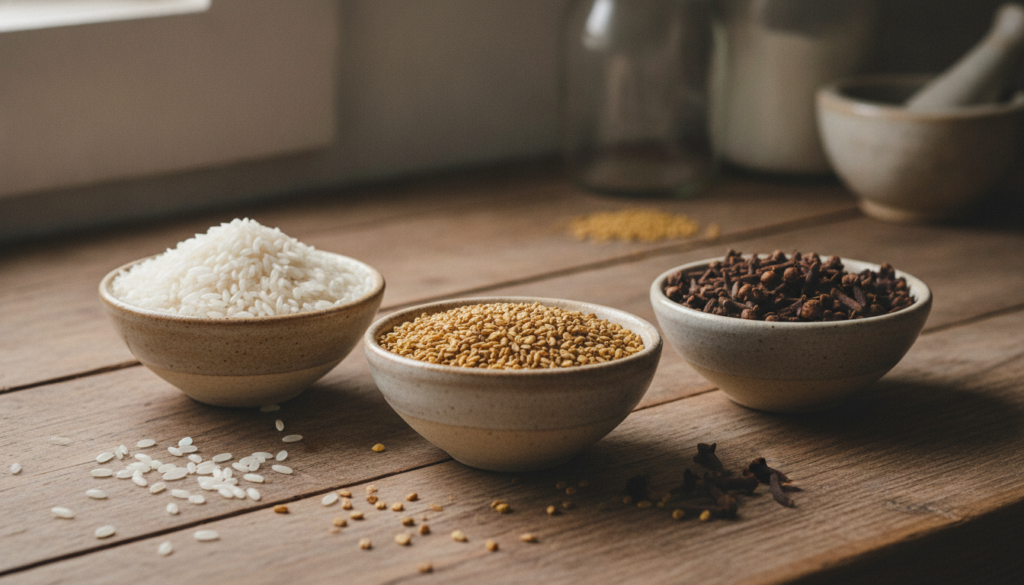A beautiful close-up of the three main ingredients a bowl of white rice a bowl of fenugreek seeds and a bowl of whole cl