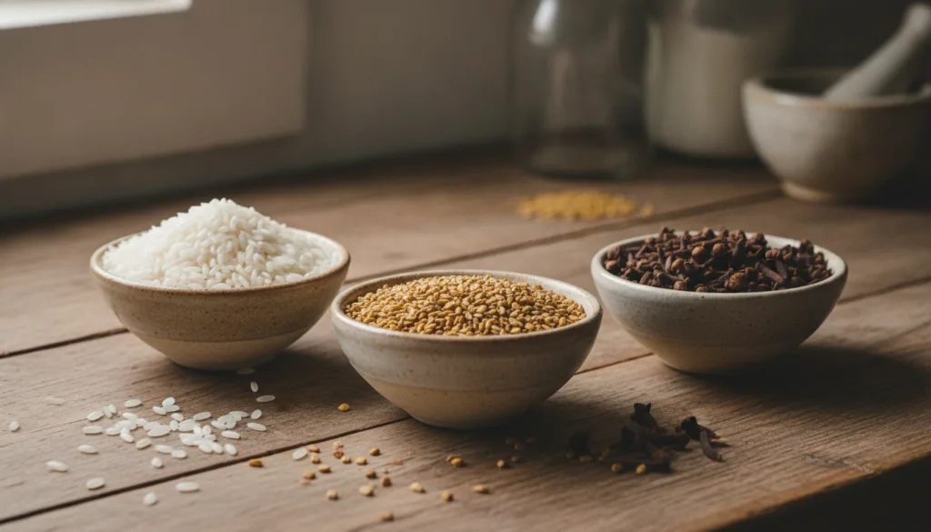 A beautiful close-up of the three main ingredients a bowl of white rice a bowl of fenugreek seeds and a bowl of whole cl