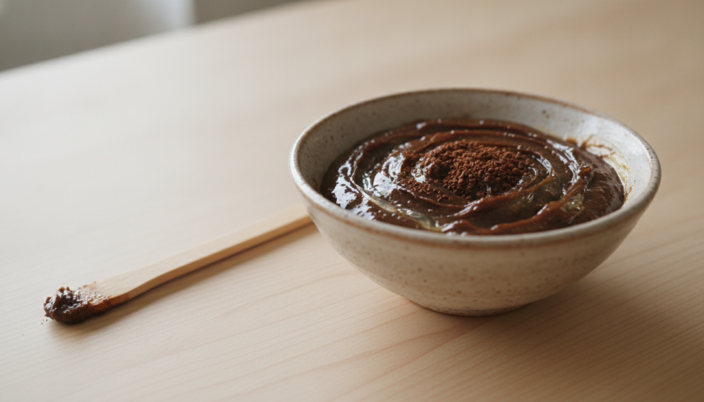 A close-up shot of a small bowl containing a mixture of instant coffee granules and Vaseline with a small mixing stick b