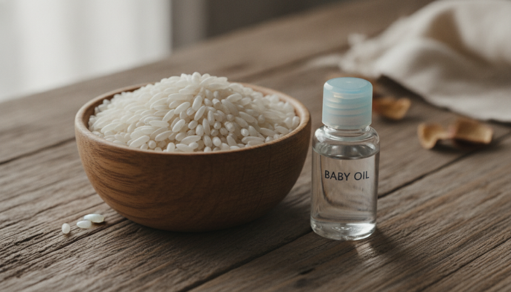A close-up of a bowl containing rice grains and a small bottle of baby oil on a rustic wooden table with soft natural li
