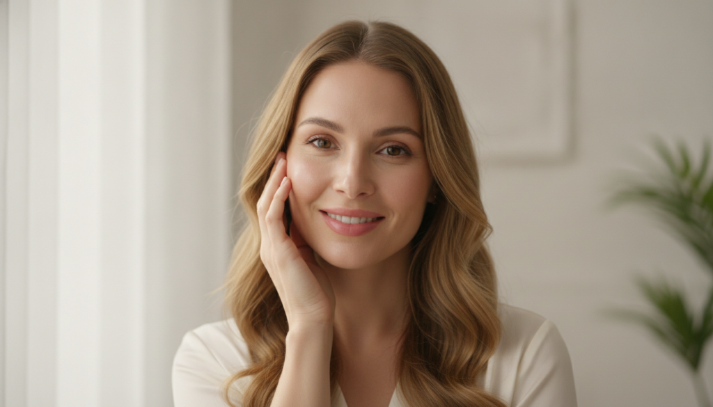 A woman with visibly glowing smooth skin gently touching her cheek smiling confidently in a soft bright environment