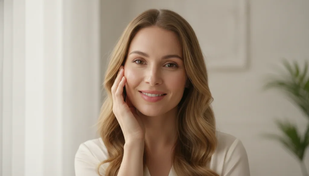 A woman with visibly glowing smooth skin gently touching her cheek smiling confidently in a soft bright environment