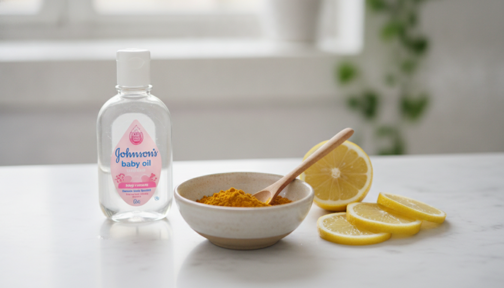 Ingredients for the radiant glow mask baby oil lemon and turmeric powder neatly arranged on a clean white surface