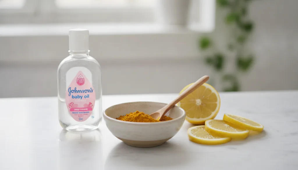 Ingredients for the radiant glow mask baby oil lemon and turmeric powder neatly arranged on a clean white surface