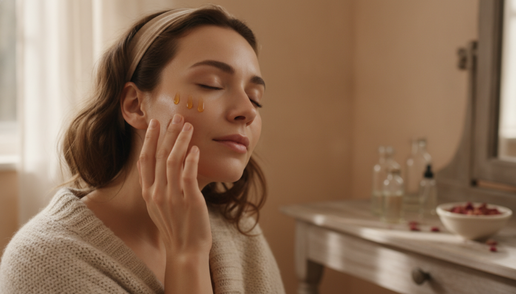 A woman gently massaging a few drops of homemade baby oil and Vitamin E elixir onto her face before bed
