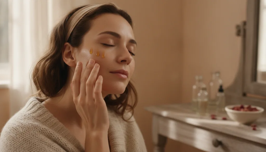 A woman gently massaging a few drops of homemade baby oil and Vitamin E elixir onto her face before bed