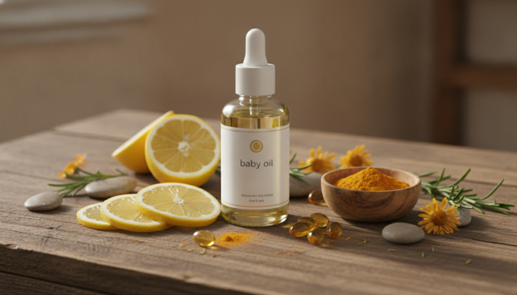 A bottle of baby oil surrounded by natural skincare ingredients like lemon turmeric and Vitamin E capsules on a rustic w