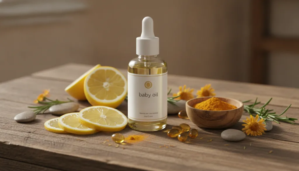 A bottle of baby oil surrounded by natural skincare ingredients like lemon turmeric and Vitamin E capsules on a rustic w