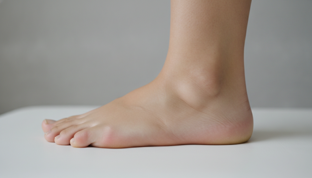 A human foot with visible swelling particularly around the ankle and top of the foot The skin appears slightly stretched