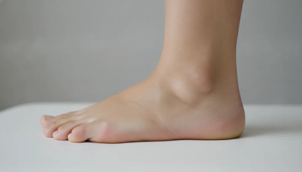 A human foot with visible swelling particularly around the ankle and top of the foot The skin appears slightly stretched