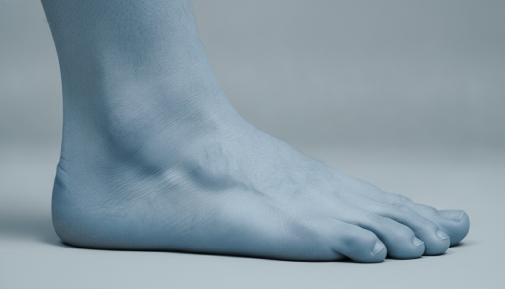 A human foot with a subtle blue tint suggesting coldness The veins might be slightly more prominent The background is ne