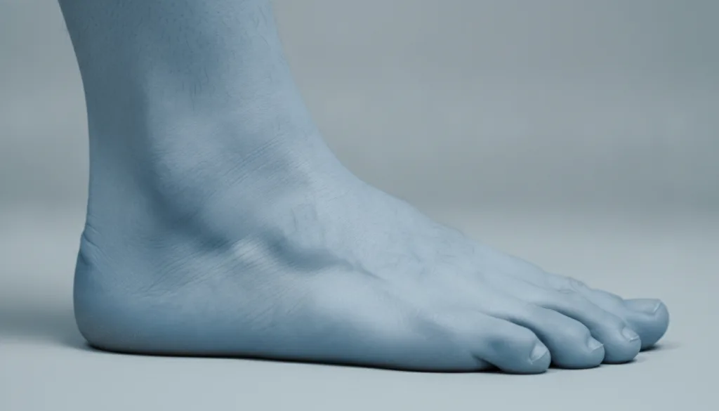 A human foot with a subtle blue tint suggesting coldness The veins might be slightly more prominent The background is ne