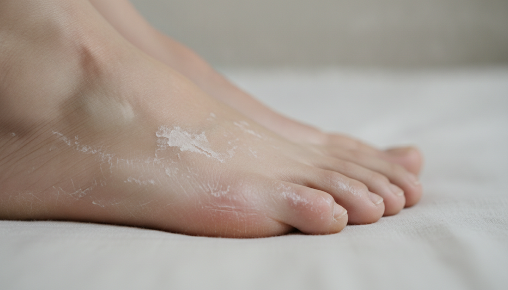 A human foot showing dry flaky and slightly peeling skin especially on the soles and between the toes The skin looks rou