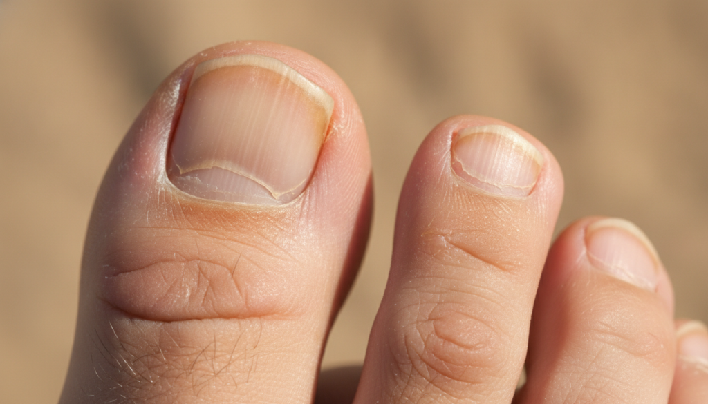 A close-up of human toenails that appear brittle thick and discolored yellowish or brownish The nails may have ridges or