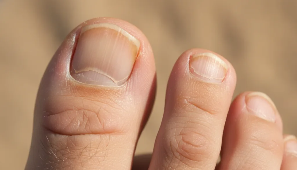 A close-up of human toenails that appear brittle thick and discolored yellowish or brownish The nails may have ridges or