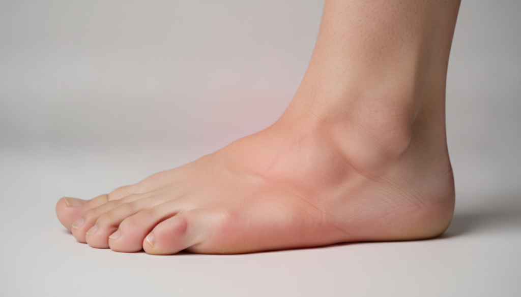 A human foot with the toes visibly curled and muscles tense indicating a cramp There s a subtle red highlight on the ten