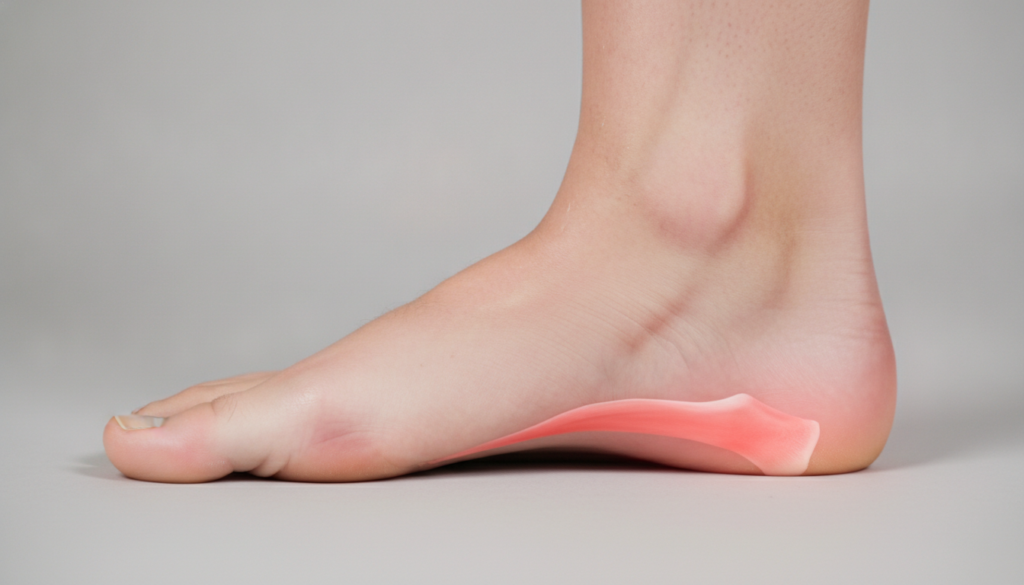 A human foot with a red highlight on the heel and arch area indicating soreness or inflammation The foot is slightly fle