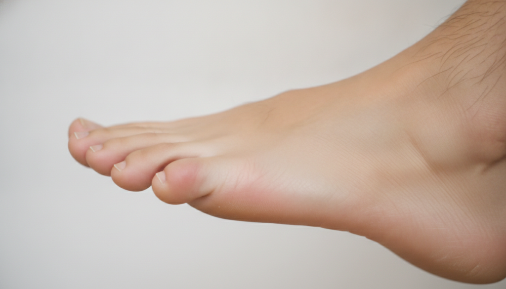 A human foot showing noticeable absence or sparse growth of hair on the toes and top of the foot contrasting with normal