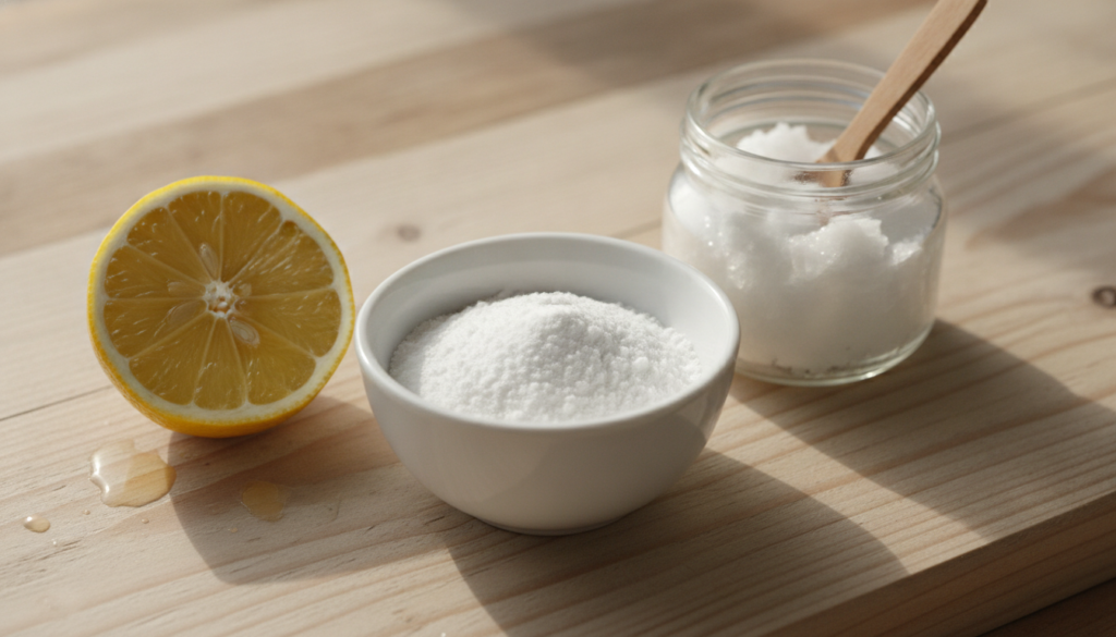 A trio of ingredients for a foot corn remedy a small bowl of baking soda a cut lemon and a jar of coconut oil neatly arr