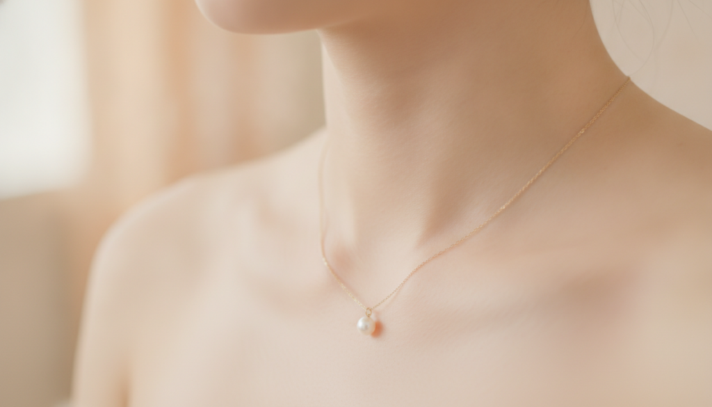 A close-up after shot of a woman s neck showing significantly brighter smoother and more even-toned skin against a soft 