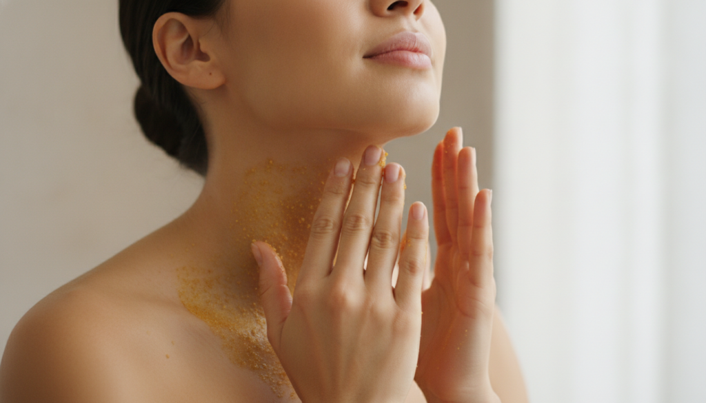 Close-up of a woman gently applying a bright yellow granular scrub to her neck in a circular motion showing the during a