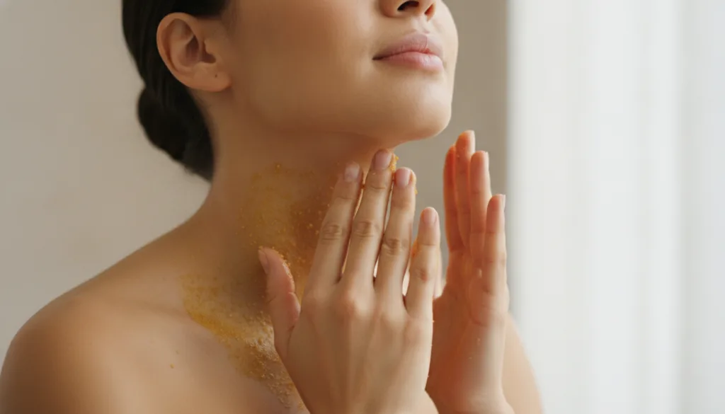 Close-up of a woman gently applying a bright yellow granular scrub to her neck in a circular motion showing the during a