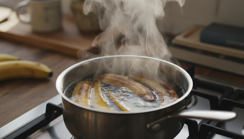Close-up of banana peels simmering gently in a small pot of water on a stove with steam rising