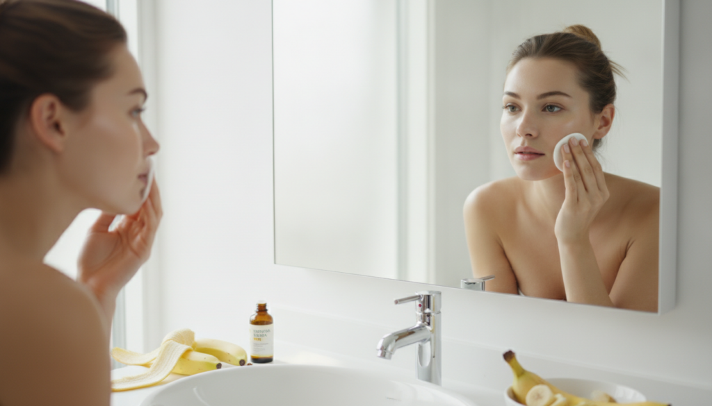 A woman gently applying the banana peel toner to her face with a cotton pad in a bathroom setting looking at a mirror