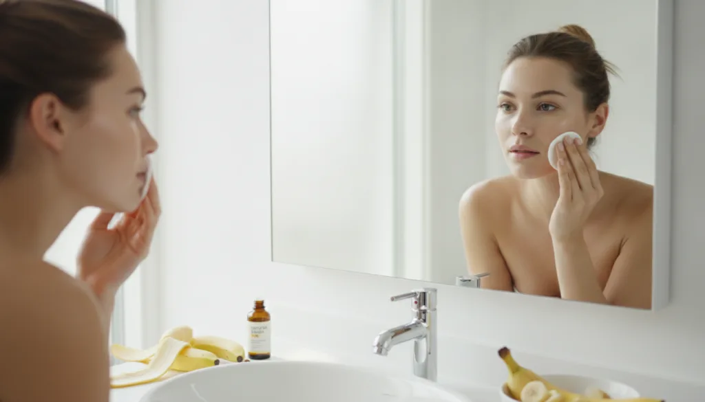 A woman gently applying the banana peel toner to her face with a cotton pad in a bathroom setting looking at a mirror
