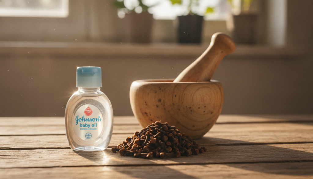 A close-up of a small glass bottle of Johnson s baby oil alongside a small pile of whole cloves with a mortar and pestle