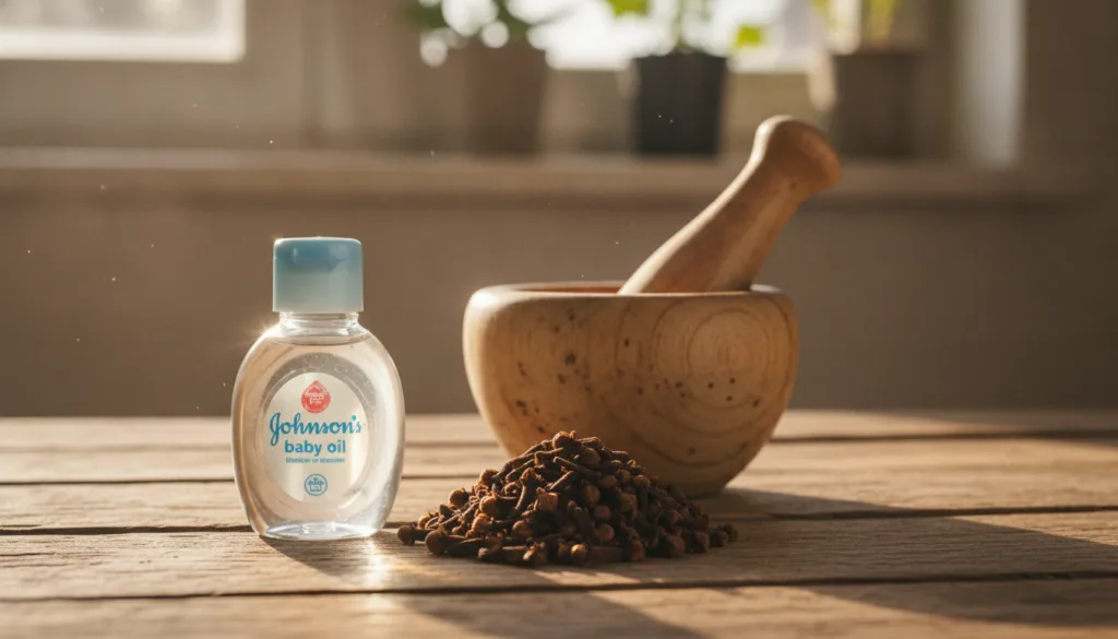 A close-up of a small glass bottle of Johnson s baby oil alongside a small pile of whole cloves with a mortar and pestle