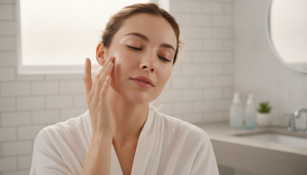 A woman gently applying a hydrating serum or moisturizer to her face looking refreshed and happy The setting is bright a