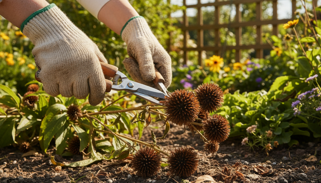 A gardener using pruning shears to cut dry flower seed heads from a plant in a garden setting with a focus on the wither