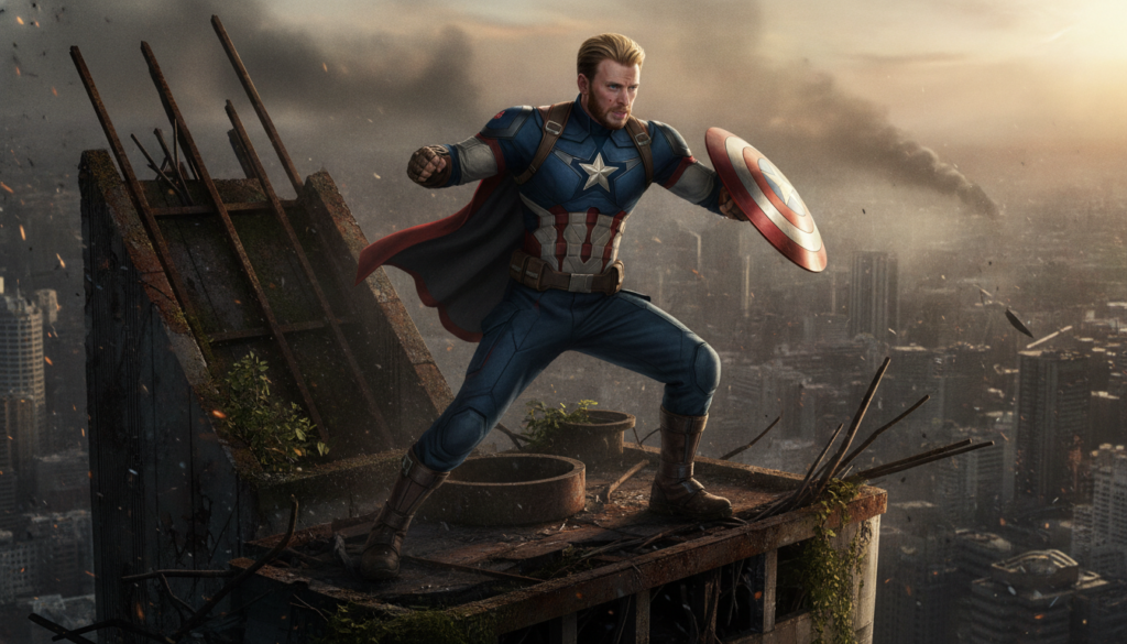 Chris Evans as Captain America in his iconic superhero suit holding his vibranium shield