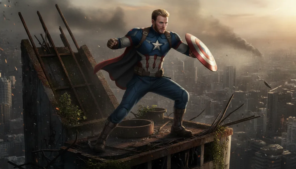 Chris Evans as Captain America in his iconic superhero suit holding his vibranium shield