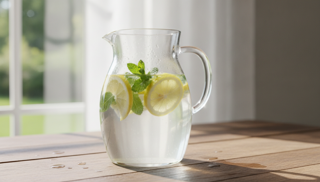 Bright yellow lemons whole and sliced with green spearmint sprigs in a glass pitcher