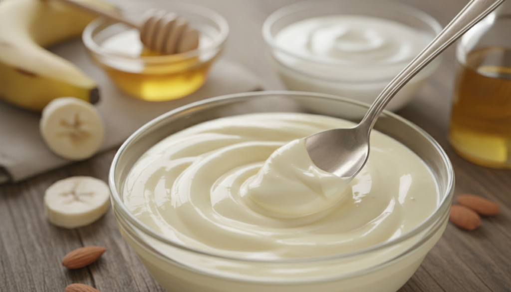 A close-up of the mask being mixed in a bowl showing the creamy texture A spoon is visible in the bowl stirring the yell