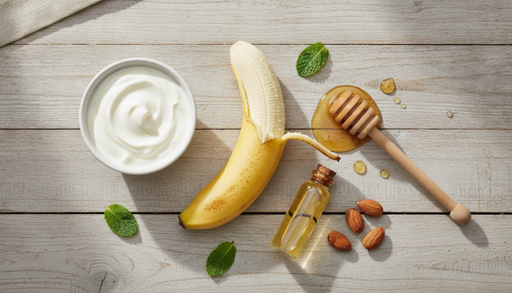 A flat lay of the ingredients for the mask half a ripe banana a small bowl of plain yogurt a spoonful of honey and a sma