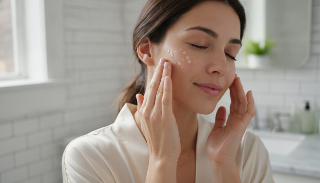 A woman gently massaging a few drops of serum into her face focusing on her cheeks and forehead