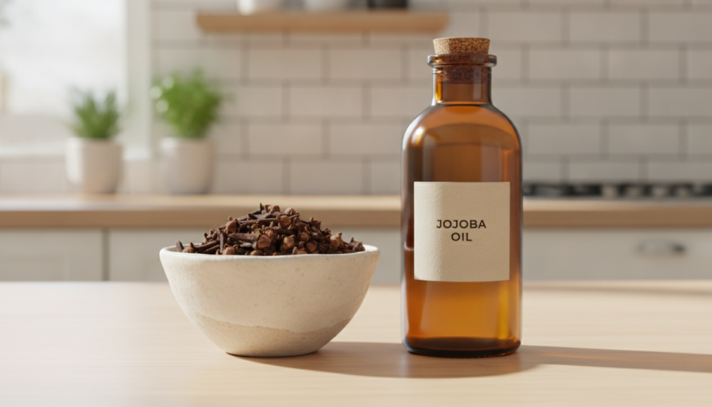 Ingredients for clove serum a small bowl of whole dried cloves next to a bottle of jojoba oil or sweet almond oil