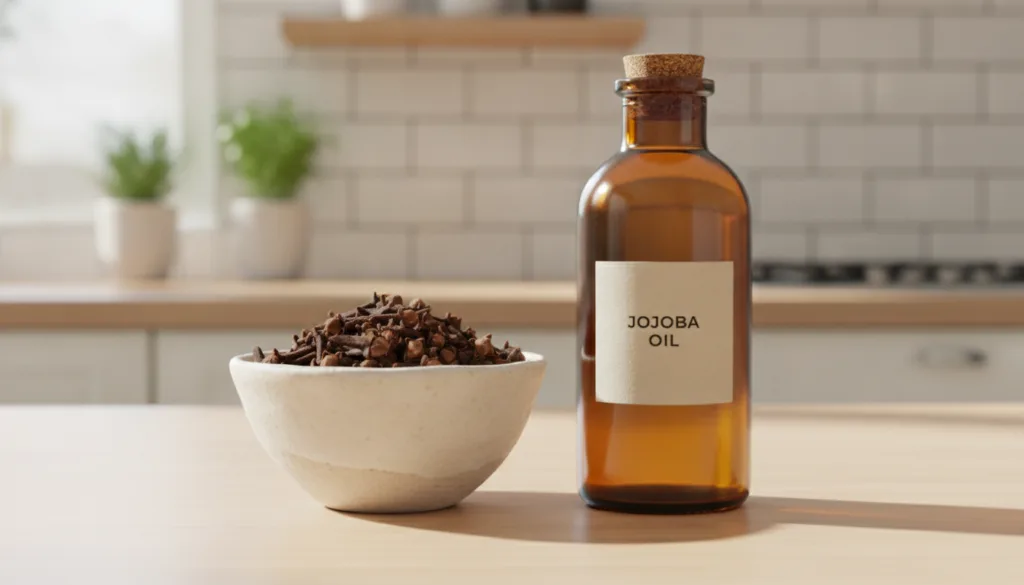 Ingredients for clove serum a small bowl of whole dried cloves next to a bottle of jojoba oil or sweet almond oil