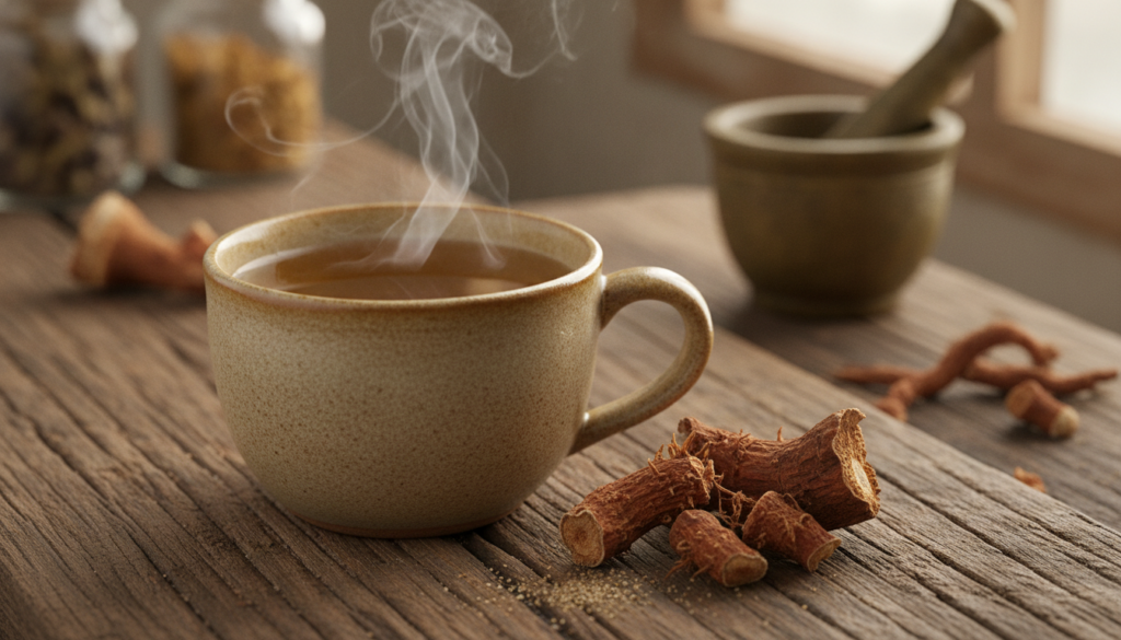 A cup of warm golden-brown Prickly Chaff Root decoction on a wooden table with some dried root pieces scattered nearby