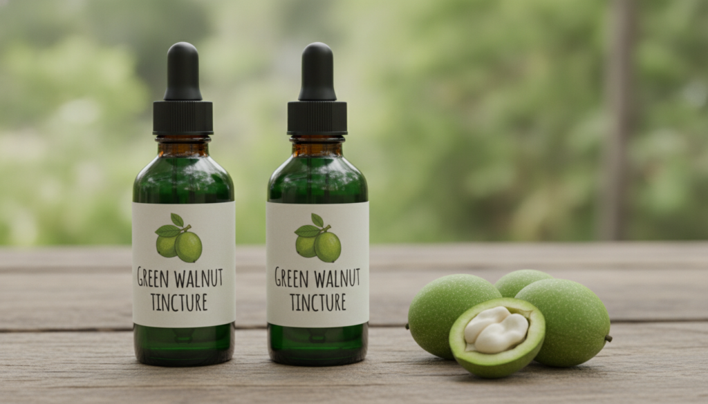 Two dark glass dropper bottles of green walnut tincture with labels standing next to a small pile of whole green walnuts