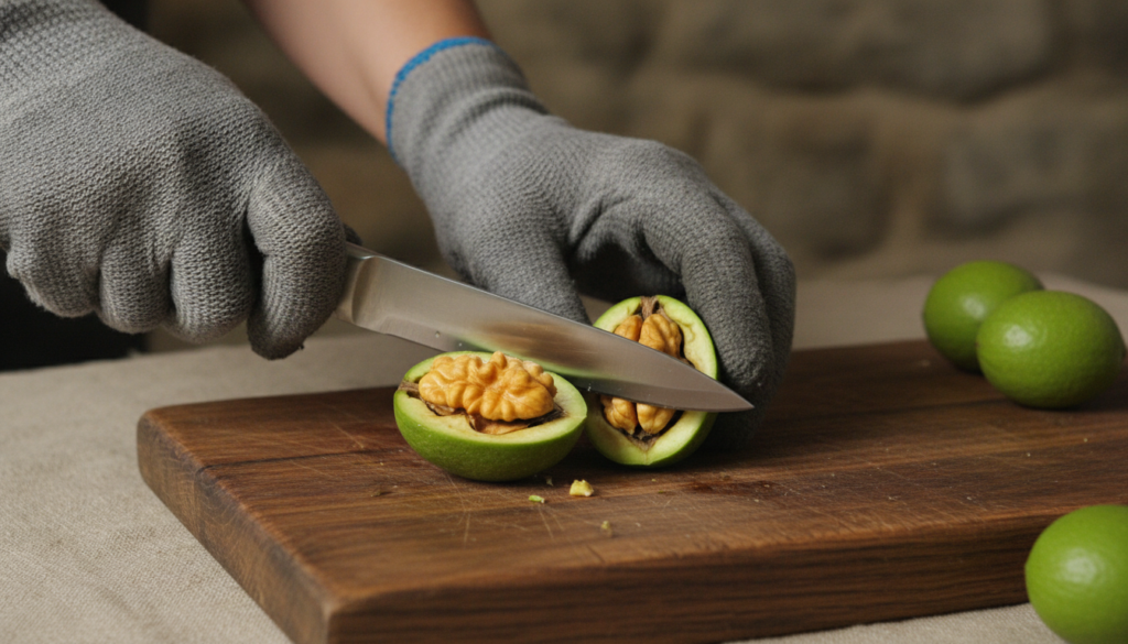 Hands in gloves slicing green walnuts on a rustic wooden board showing the yellow-orange interior of the unripe nuts