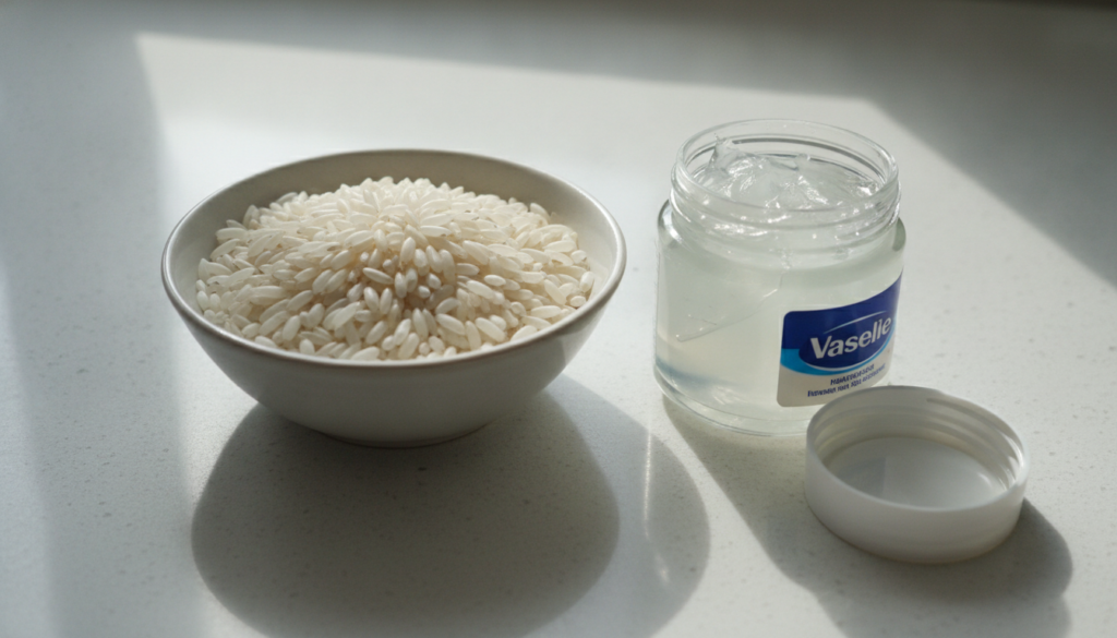 Close-up of white rice grains and a small jar of Vaseline on a clean light surface ready to be combined