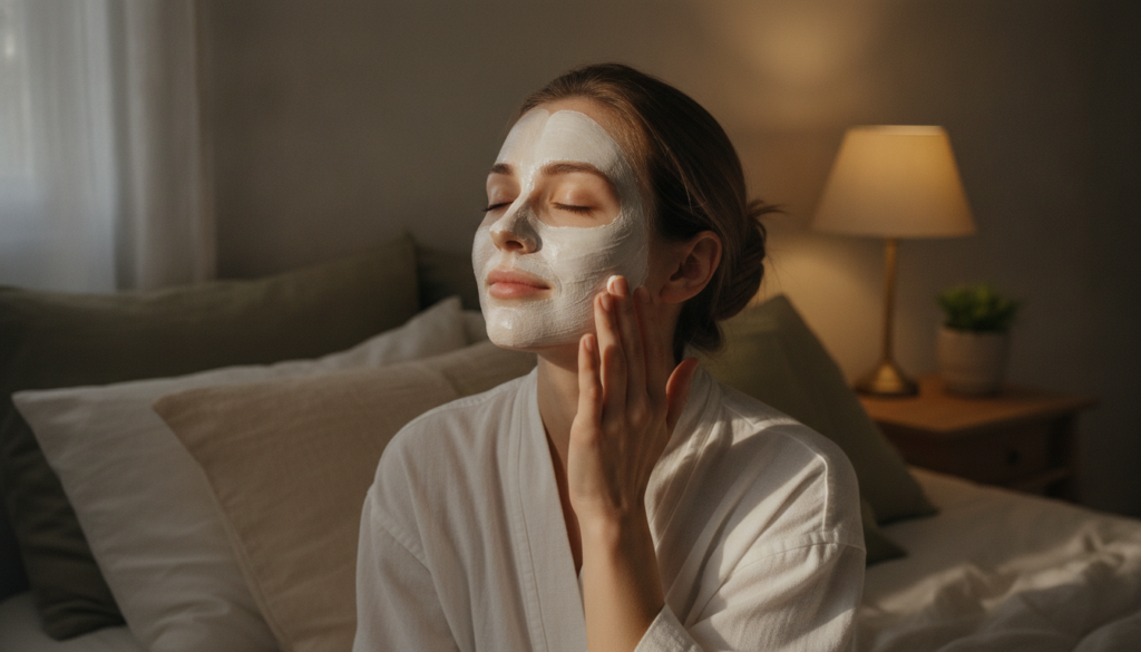 A woman gently applying the Vaseline and rice paste to her face before bed showcasing the overnight treatment step