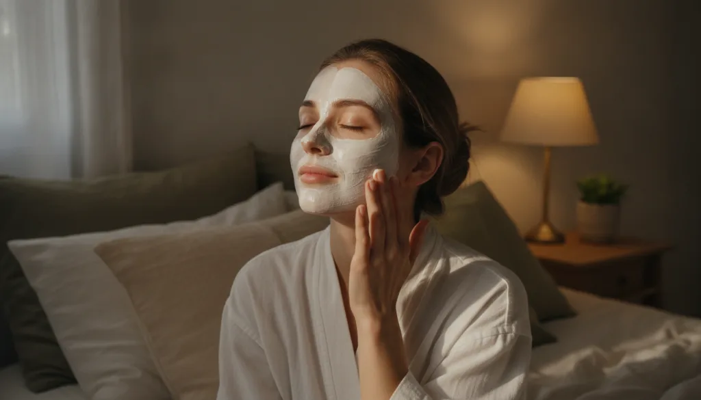 A woman gently applying the Vaseline and rice paste to her face before bed showcasing the overnight treatment step