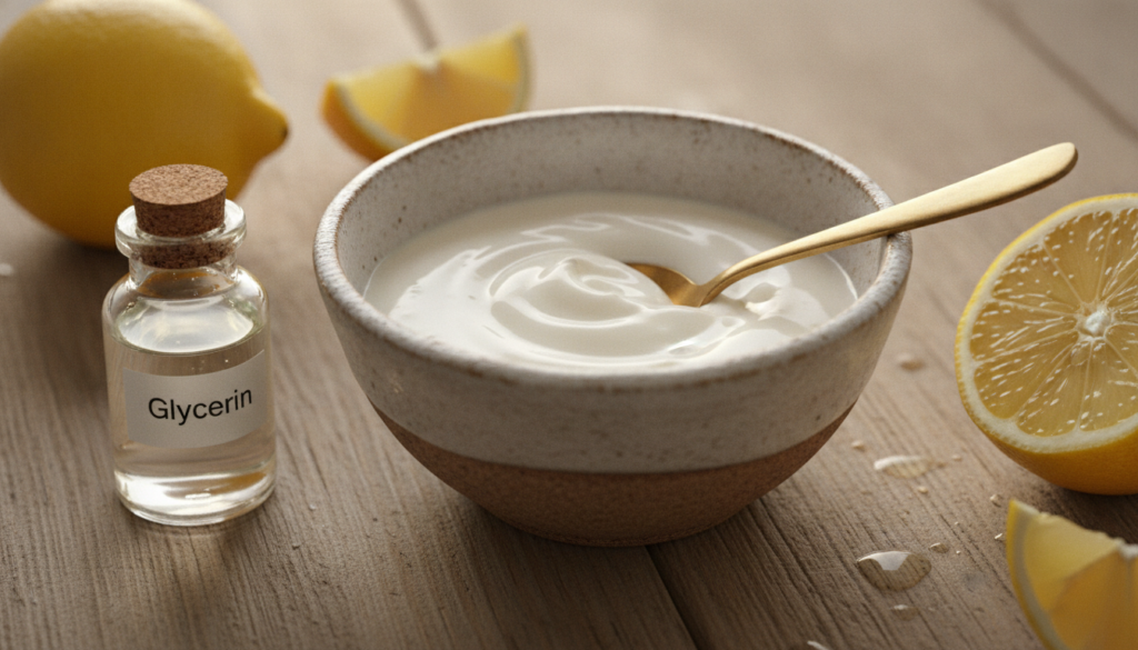 A small rustic ceramic bowl filled with a creamy white mixture and a golden spoon with fresh lemon halves and a small bo